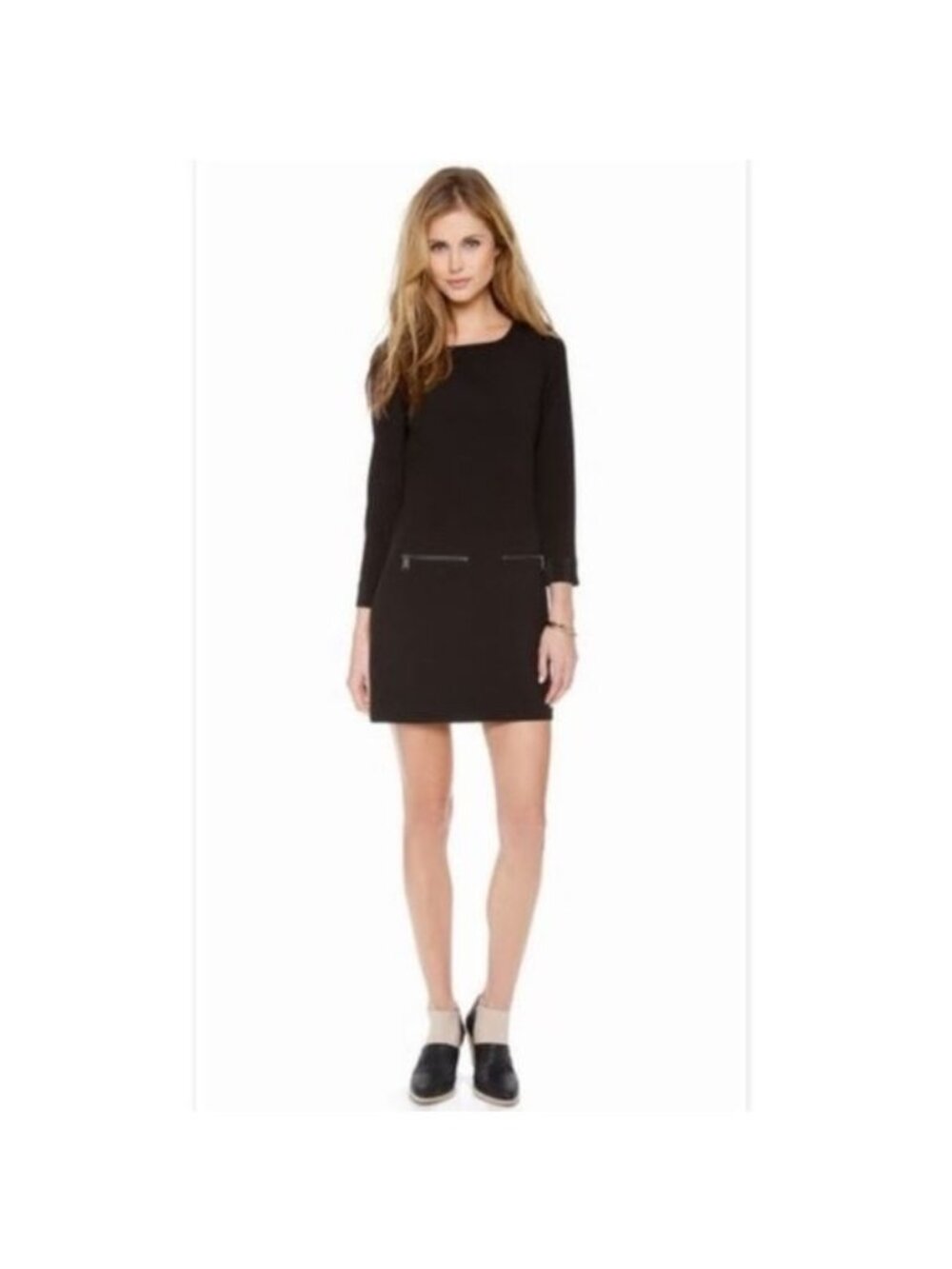 Madewell zip pocket Shift Dress solid Black long sleeve size XSmall